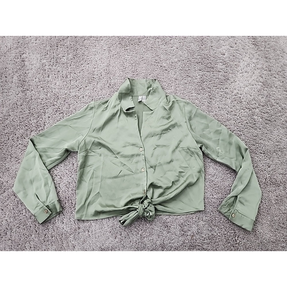 Asos Shirt Womens 6 Green Satin Long Sleeve Tie Front Button Up Crop 90s Y2k